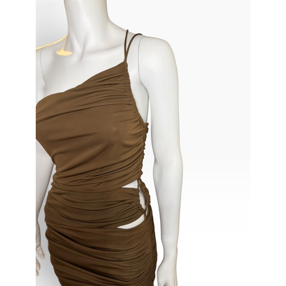 Zara Brown Ruched One Shoulder Cut Out Mini Dress Womens Medium Club Going Out - Picture 3 of 7